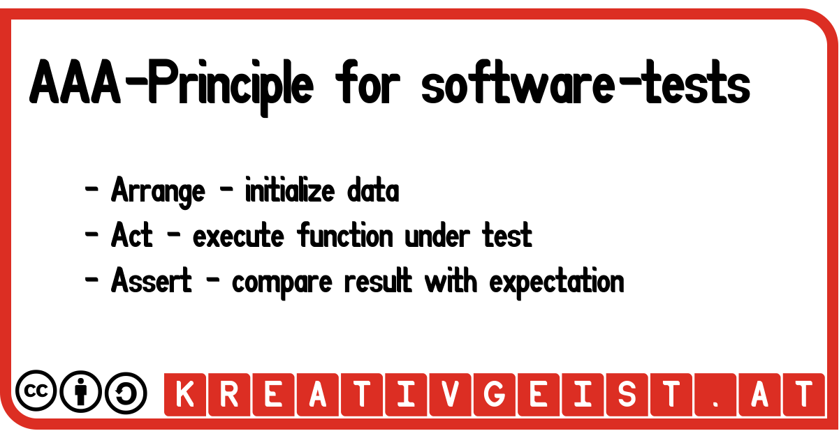 AAA-Principle for software-tests: -Arrange: initialize data, -Act: execute function under test, -Assert: compare result with expectation